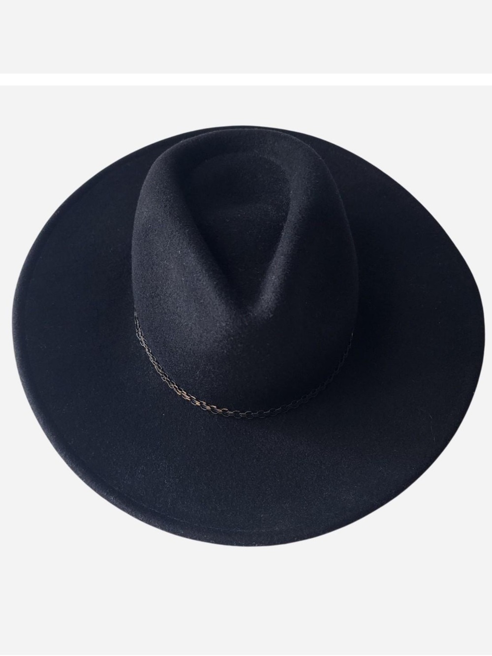 Zara Black Wide-Brim Wool with braided Gold Chain trim. Size OS